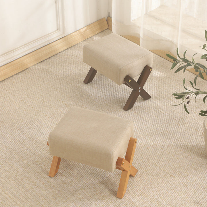 Moderner minimalistischer Hocker aus Gummibaumholz und Leinen in X-For – BulbSquare