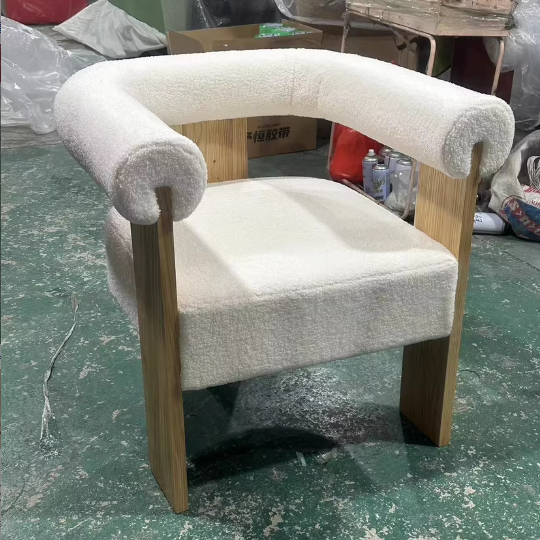 Modern Minimalist Ash Wood Sherpa Fabric Rounded Rectangular Lounge Chair With Armrests Backrest For Living Room