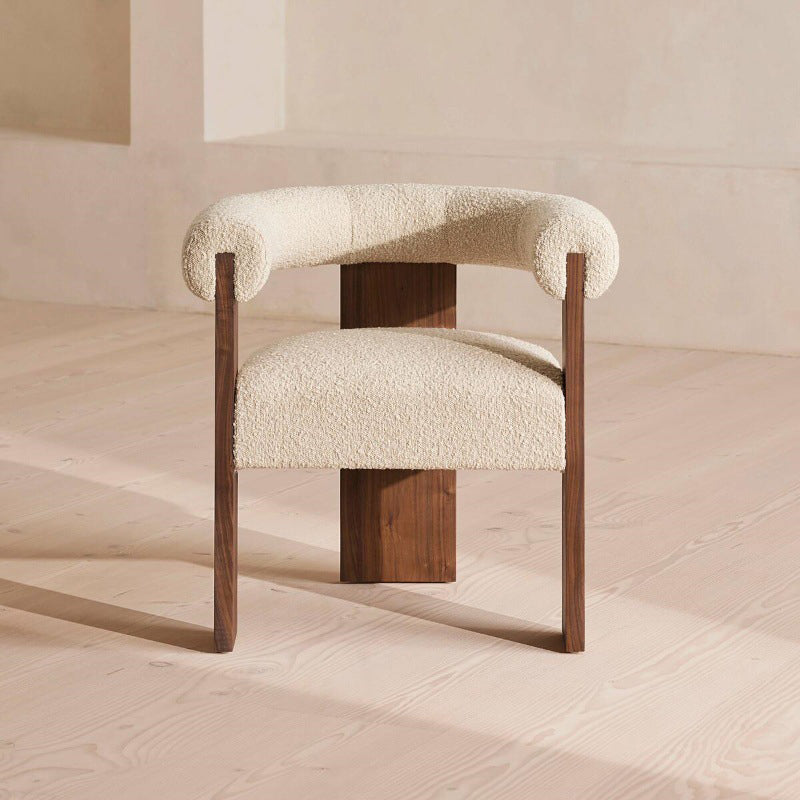 Modern Minimalist Ash Wood Sherpa Fabric Rounded Rectangular Lounge Chair With Armrests Backrest For Living Room