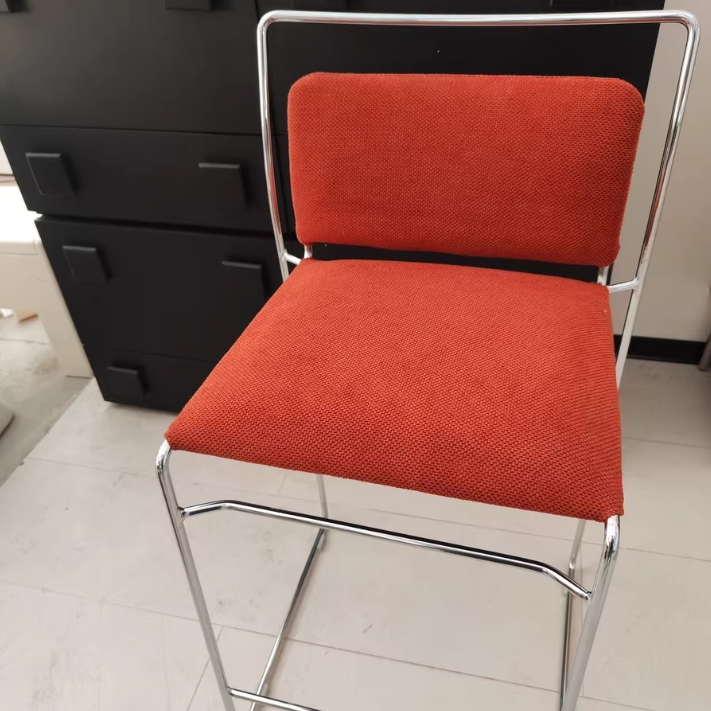 Contemporary Scandinavian Linen Carbon Steel Square Curved Bar Stool With Backrest For Living Room