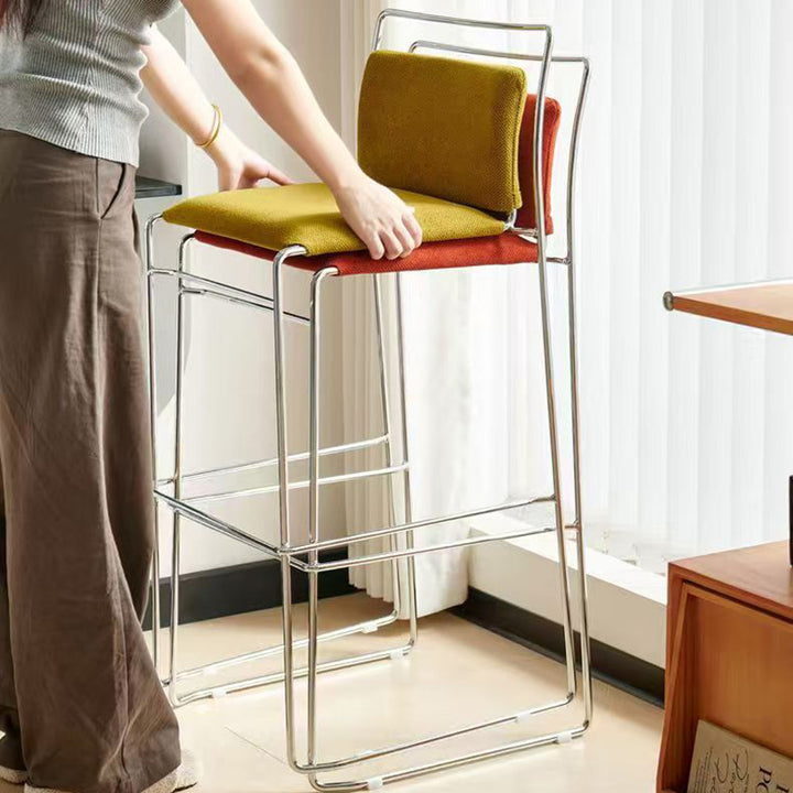 Contemporary Scandinavian Linen Carbon Steel Square Curved Bar Stool With Backrest For Living Room