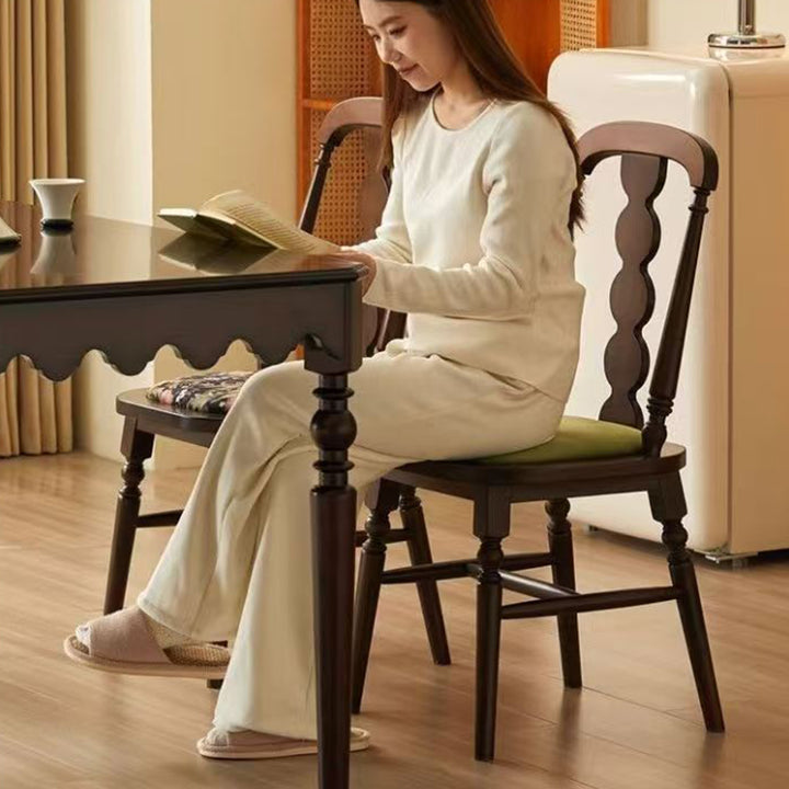 Traditional French Velvet Rubberwood Rounded Square Wave Dining Chair With Backrest For Dining Room