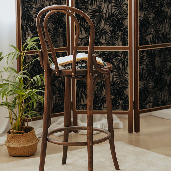 Traditional French Solid Wood Fabric Round Curved Bar Stool With Backrest For Living Room