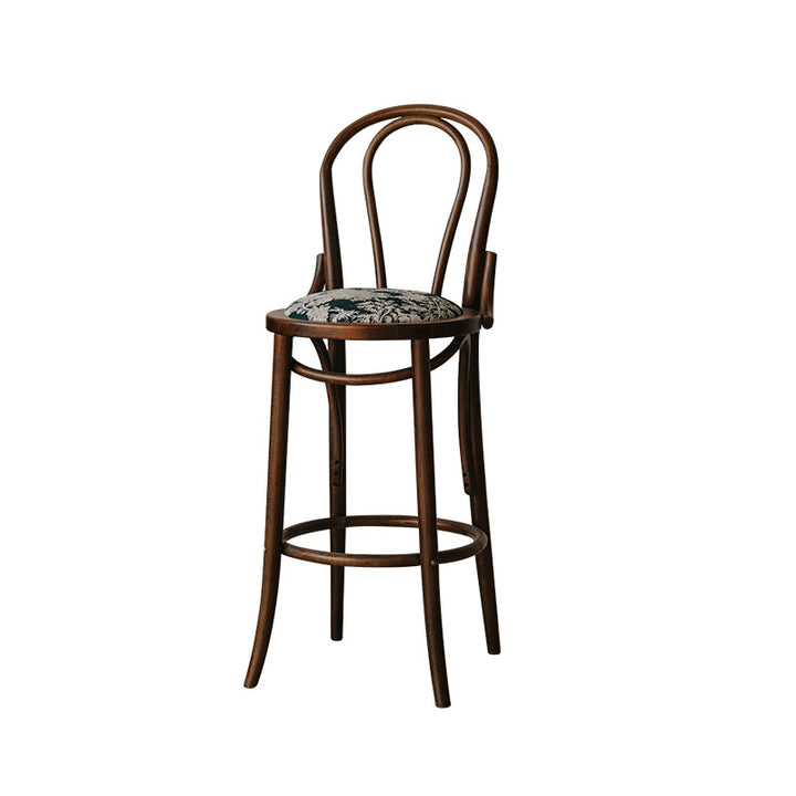 Traditional French Solid Wood Fabric Round Curved Bar Stool With Backrest For Living Room