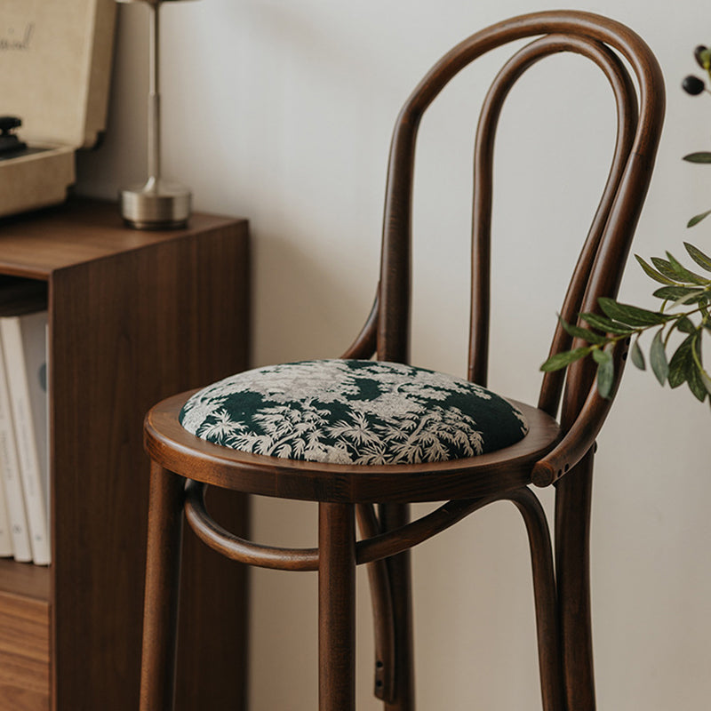Traditional French Solid Wood Fabric Round Curved Bar Stool With Backrest For Living Room