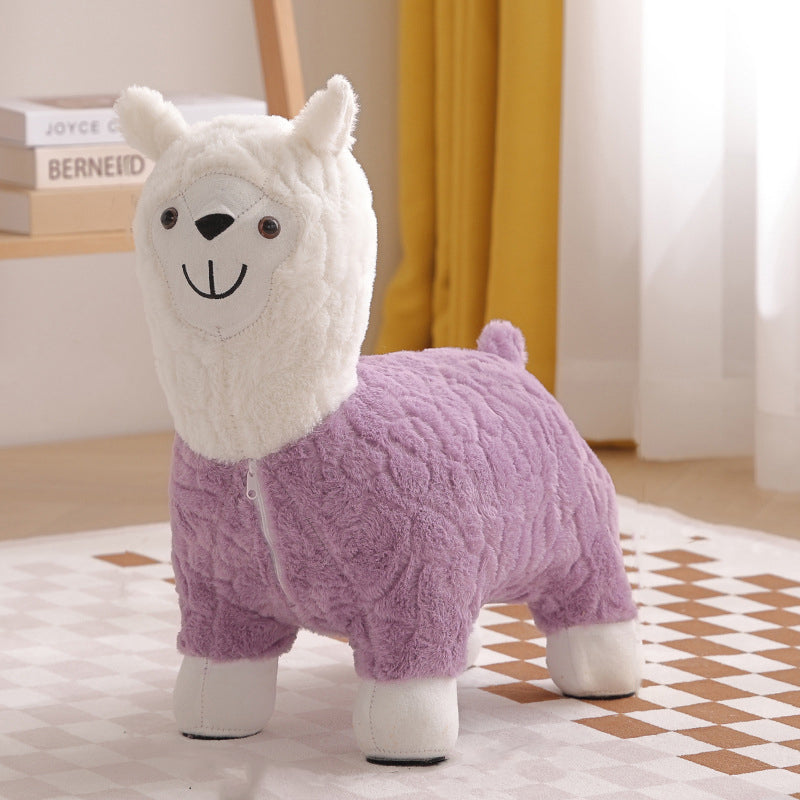 Modern Art Deco Kids Silk Floss Solid Wood Alpaca-Shaped Low Stool For Living Room