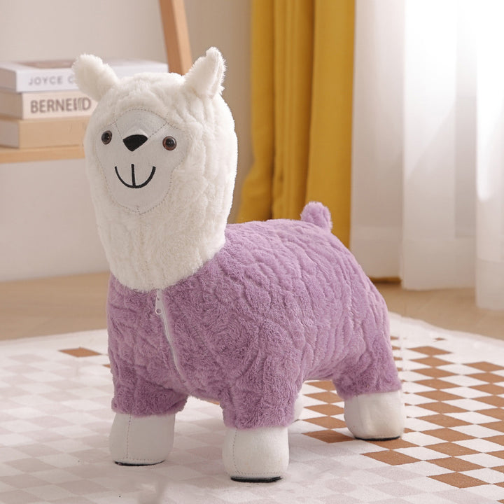 Modern Art Deco Kids Silk Floss Solid Wood Alpaca-Shaped Low Stool For Living Room