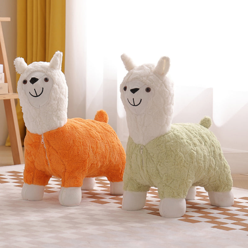 Modern Art Deco Kids Silk Floss Solid Wood Alpaca-Shaped Low Stool For Living Room