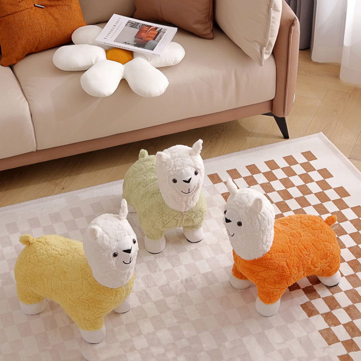 Modern Art Deco Kids Silk Floss Solid Wood Alpaca-Shaped Low Stool For Living Room