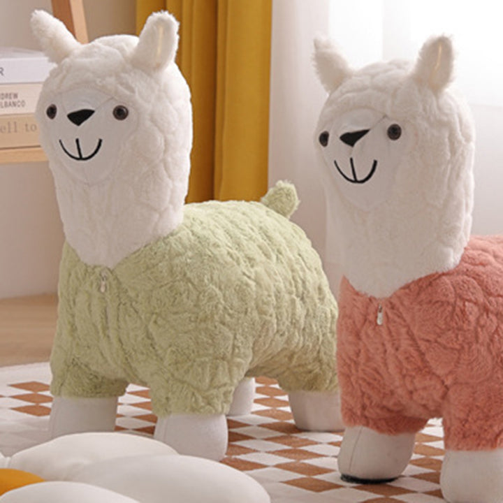 Modern Art Deco Kids Silk Floss Solid Wood Alpaca-Shaped Low Stool For Living Room
