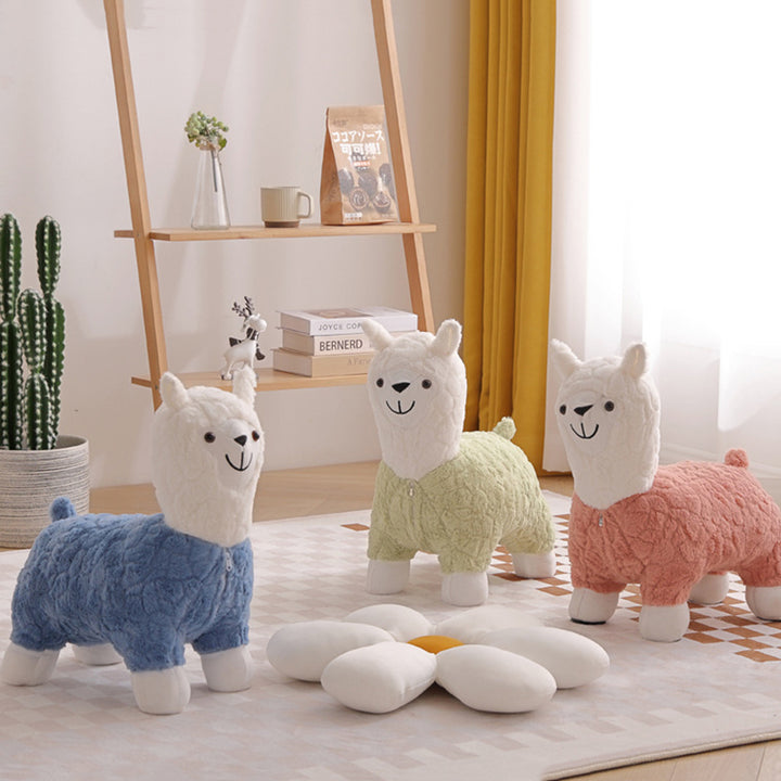 Modern Art Deco Kids Silk Floss Solid Wood Alpaca-Shaped Low Stool For Living Room