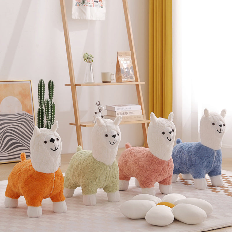 Modern Art Deco Kids Silk Floss Solid Wood Alpaca-Shaped Low Stool For Living Room