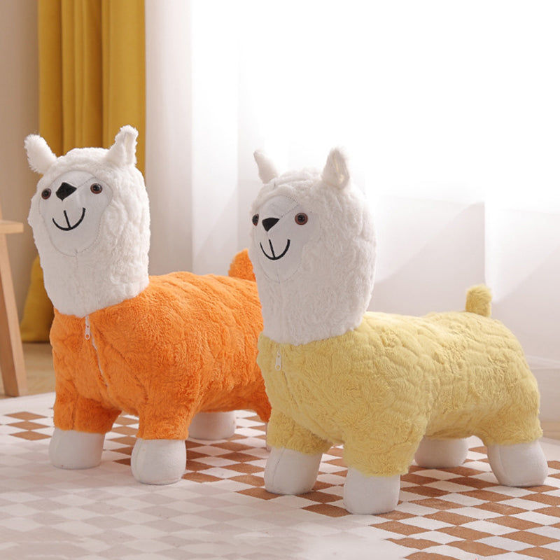 Modern Art Deco Kids Silk Floss Solid Wood Alpaca-Shaped Low Stool For Living Room