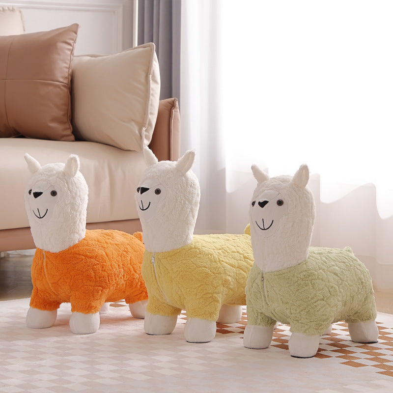 Modern Art Deco Kids Silk Floss Solid Wood Alpaca-Shaped Low Stool For Living Room