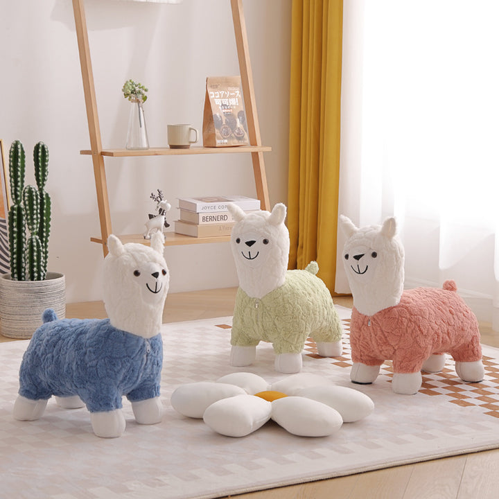 Modern Art Deco Kids Silk Floss Solid Wood Alpaca-Shaped Low Stool For Living Room