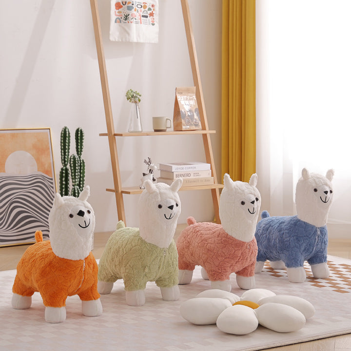 Modern Art Deco Kids Silk Floss Solid Wood Alpaca-Shaped Low Stool For Living Room