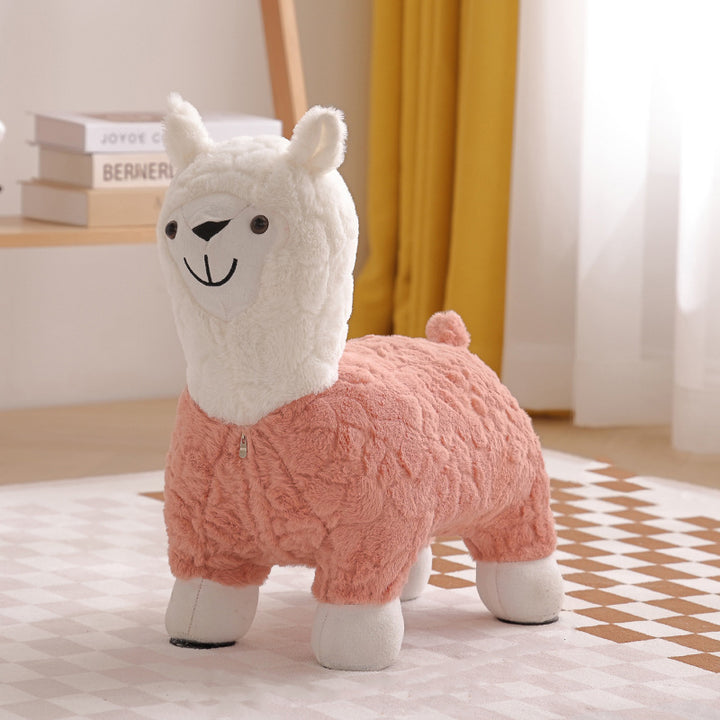 Modern Art Deco Kids Silk Floss Solid Wood Alpaca-Shaped Low Stool For Living Room