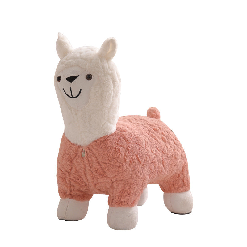 Modern Art Deco Kids Silk Floss Solid Wood Alpaca-Shaped Low Stool For Living Room
