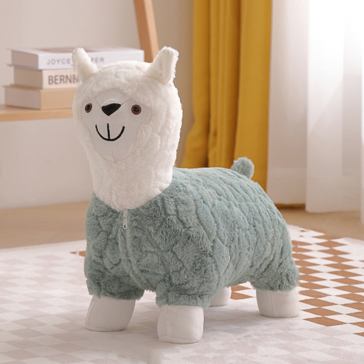Modern Art Deco Kids Silk Floss Solid Wood Alpaca-Shaped Low Stool For Living Room