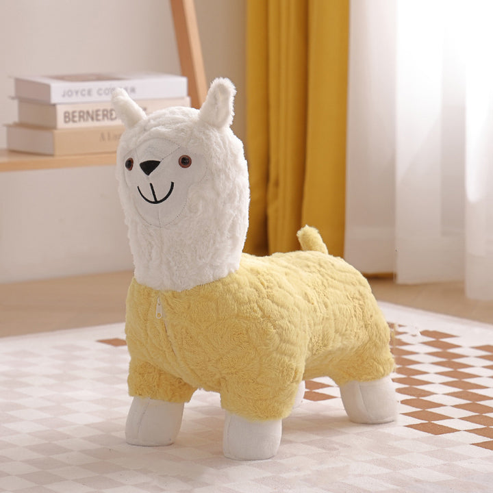 Modern Art Deco Kids Silk Floss Solid Wood Alpaca-Shaped Low Stool For Living Room