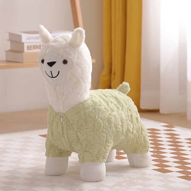 Modern Art Deco Kids Silk Floss Solid Wood Alpaca-Shaped Low Stool For Living Room