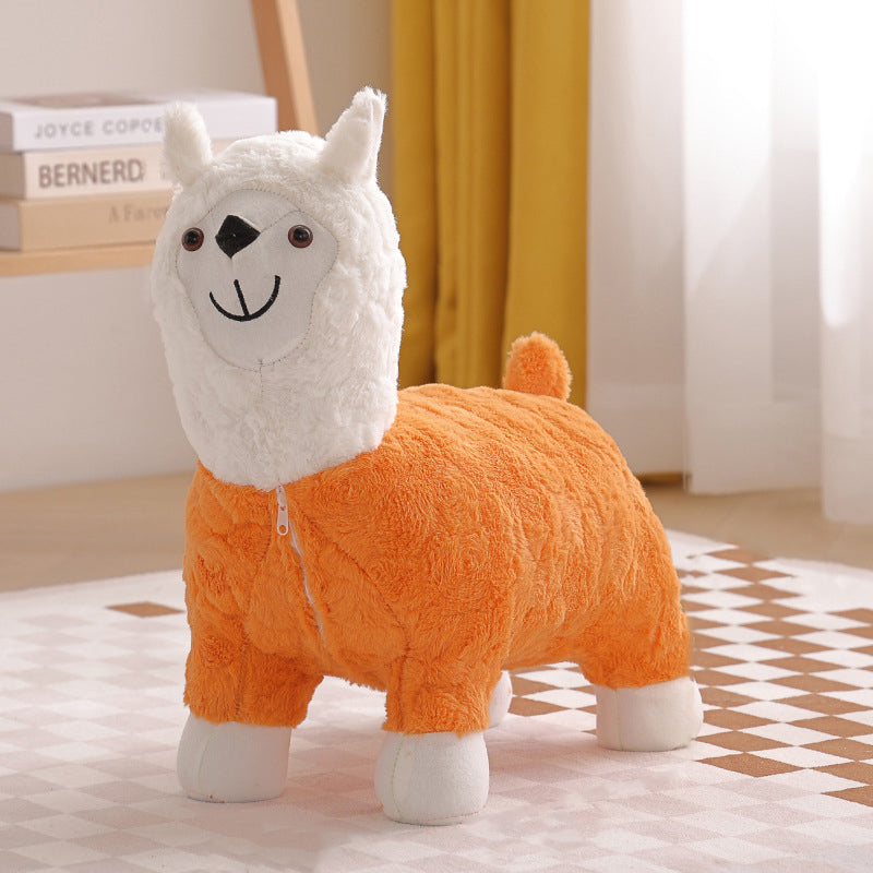 Modern Art Deco Kids Silk Floss Solid Wood Alpaca-Shaped Low Stool For Living Room