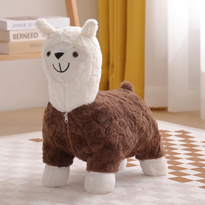 Modern Art Deco Kids Silk Floss Solid Wood Alpaca-Shaped Low Stool For Living Room