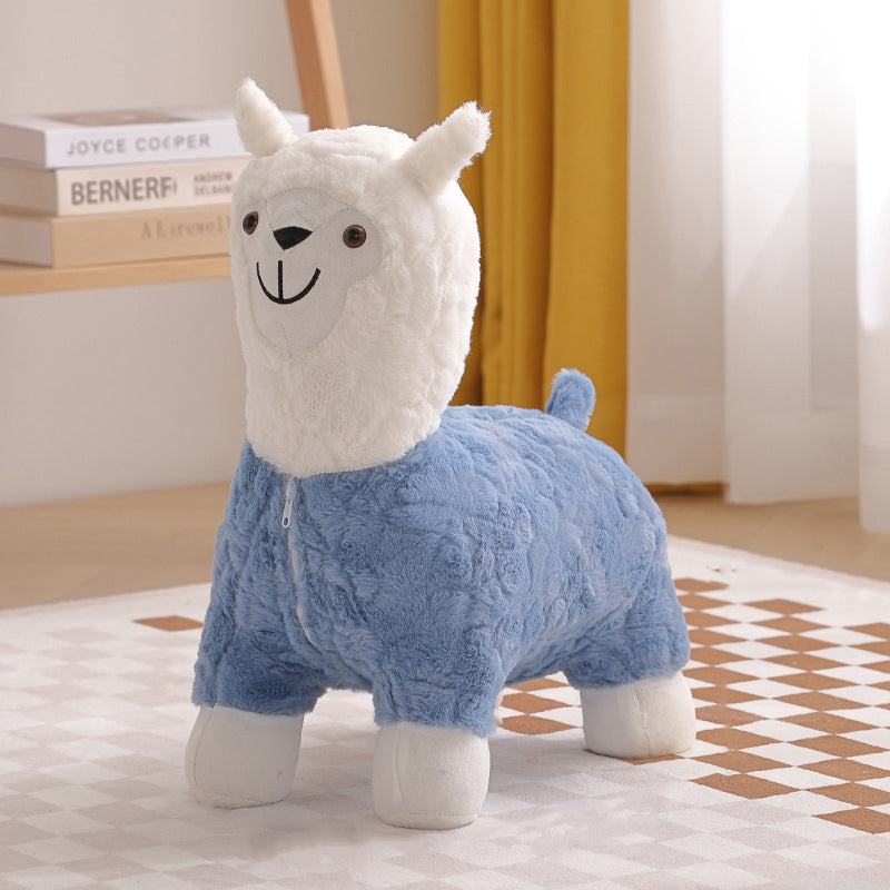 Modern Art Deco Kids Silk Floss Solid Wood Alpaca-Shaped Low Stool For Living Room