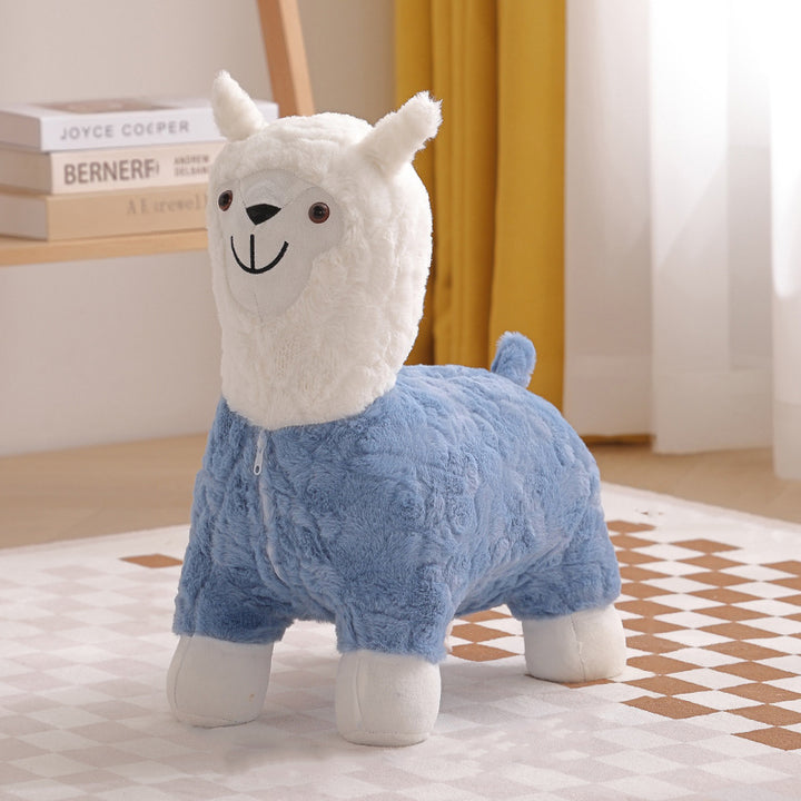 Modern Art Deco Kids Silk Floss Solid Wood Alpaca-Shaped Low Stool For Living Room