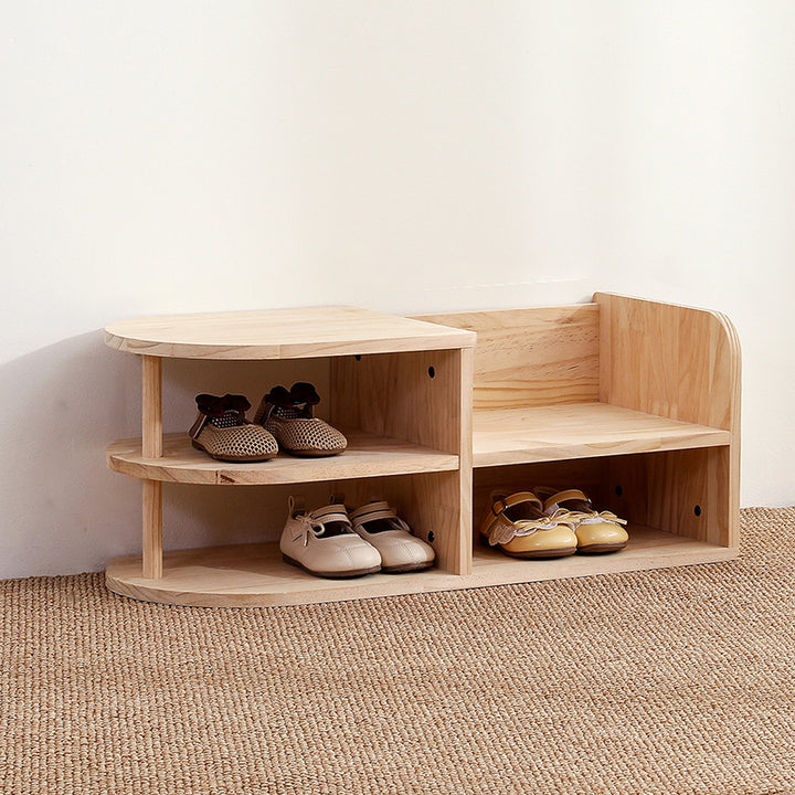 Traditionelles gebogenes Schuhregal für Kinder aus japanischem Kiefernholz in quadratischer Form mit 2 Ebenen für das Wohnzimmer 