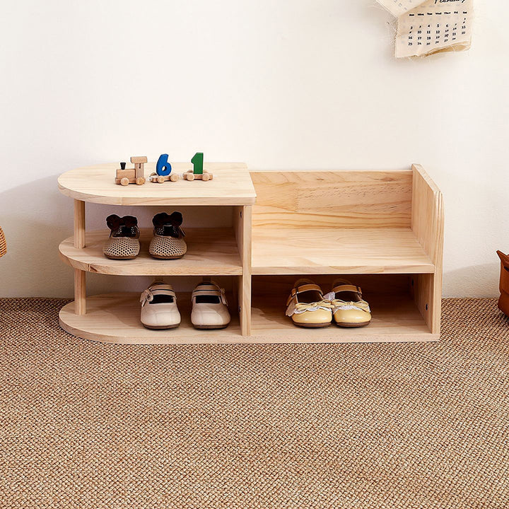 Traditionelles gebogenes Schuhregal für Kinder aus japanischem Kiefernholz in quadratischer Form mit 2 Ebenen für das Wohnzimmer 