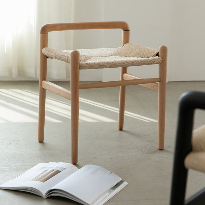 Traditional Chinese Kraft Paper Rope Rubberwood Square Cylindrical Low Stool With Backrest For Living Room
