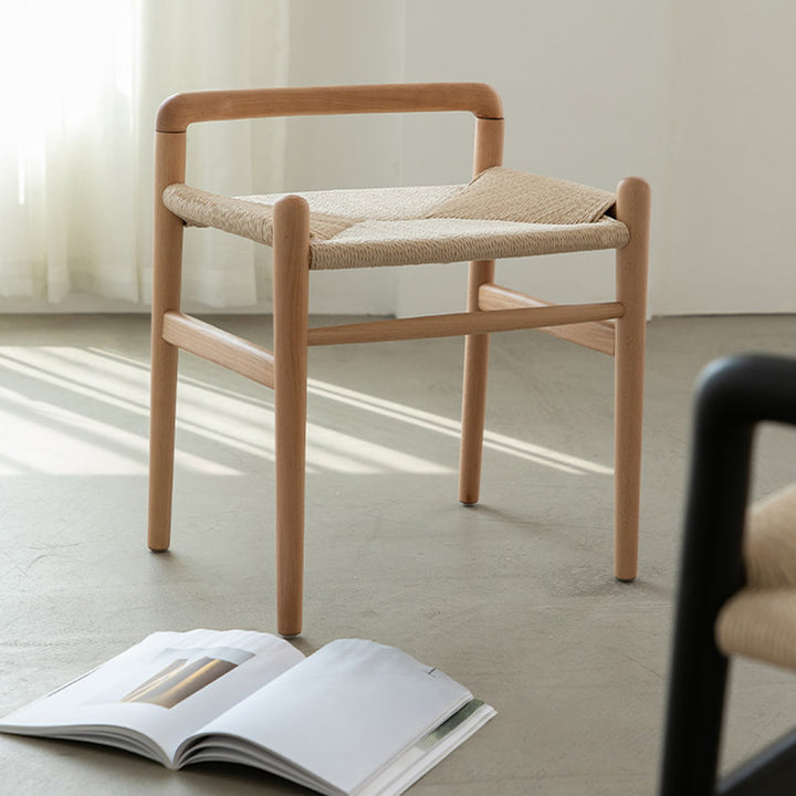 Traditional Chinese Kraft Paper Rope Rubberwood Square Cylindrical Low Stool With Backrest For Living Room