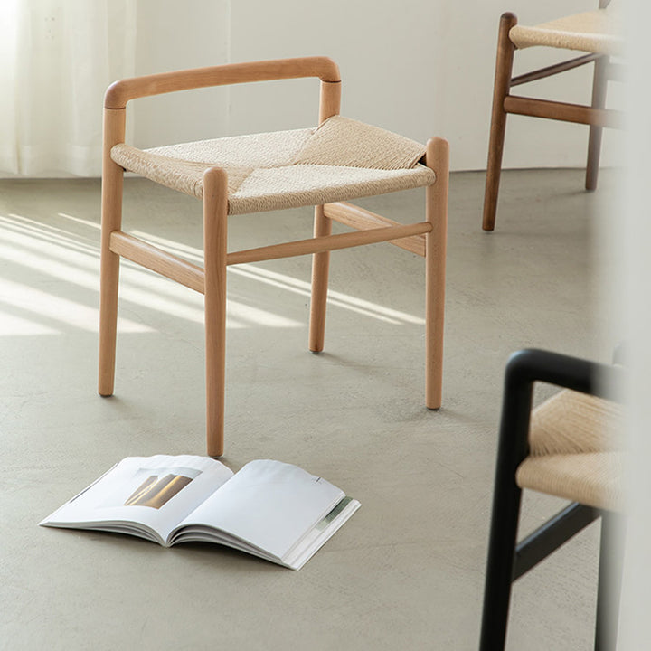 Traditional Chinese Kraft Paper Rope Rubberwood Square Cylindrical Low Stool With Backrest For Living Room