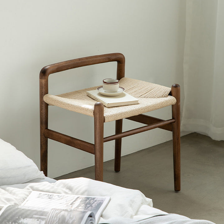 Traditional Chinese Kraft Paper Rope Rubberwood Square Cylindrical Low Stool With Backrest For Living Room
