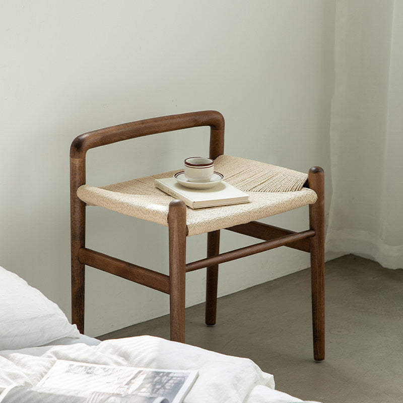 Traditional Chinese Kraft Paper Rope Rubberwood Square Cylindrical Low Stool With Backrest For Living Room