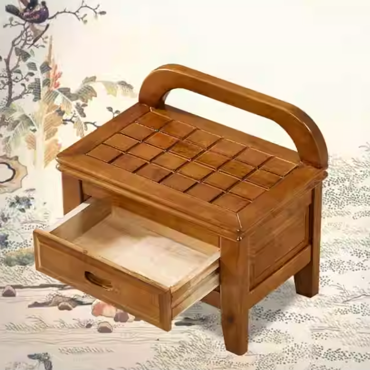 Tabouret bas carré à grille en bois massif chinois traditionnel avec dossier pour salon 