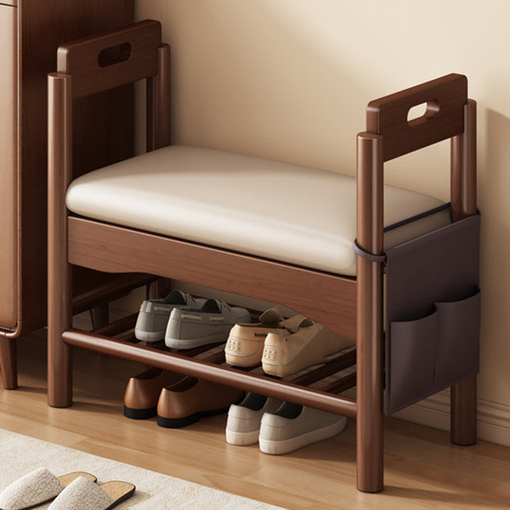 Traditionelle Vintage PU-Leder Gummibaum Rechteckige Schuhbank 1-stufig für das Wohnzimmer 