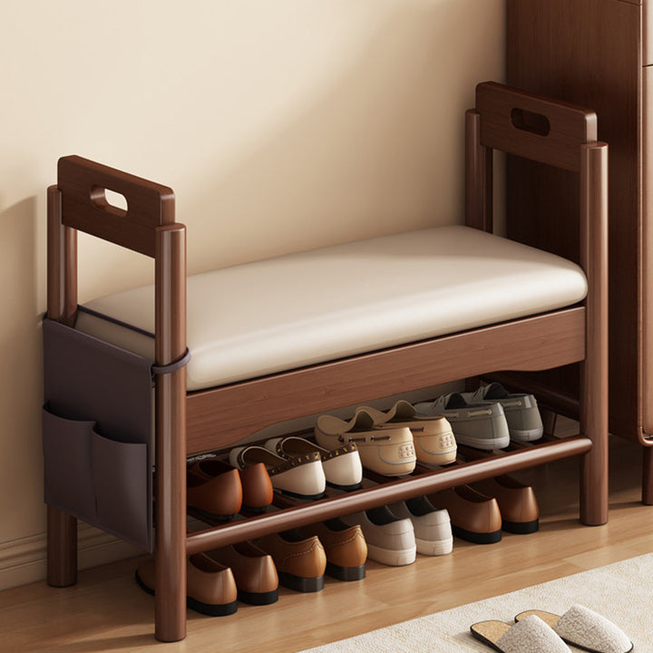 Traditionelle Vintage PU-Leder Gummibaum Rechteckige Schuhbank 1-stufig für das Wohnzimmer 