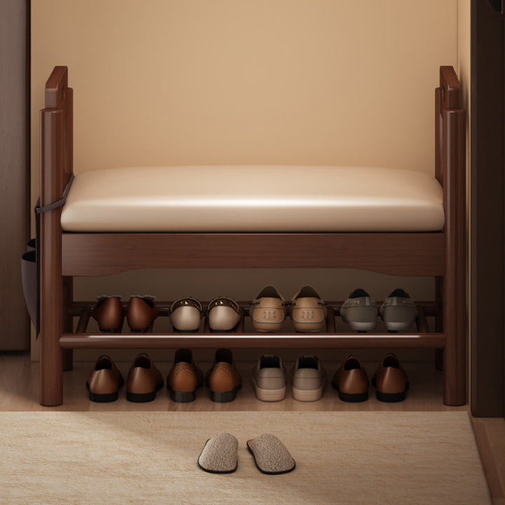 Traditionelle Vintage PU-Leder Gummibaum Rechteckige Schuhbank 1-stufig für das Wohnzimmer 