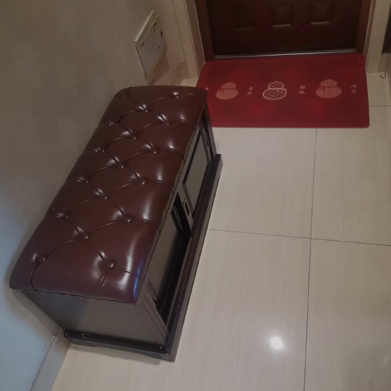 Banc à chaussures rectangulaire en bois massif chinois traditionnel, cuir de vache de deuxième couche, 2 espaces de rangement pour salon 