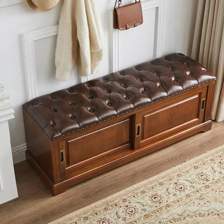 Banc à chaussures rectangulaire en bois massif chinois traditionnel, cuir de vache de deuxième couche, 2 espaces de rangement pour salon 