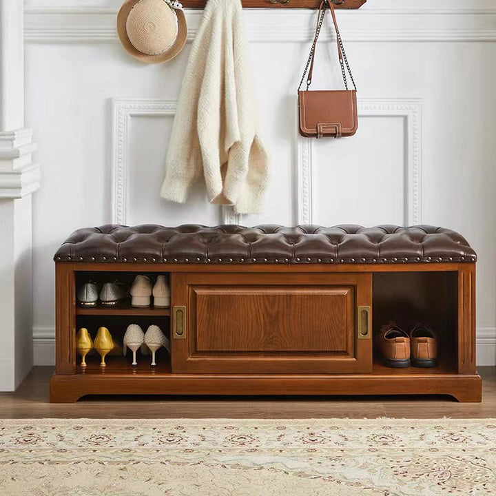 Banc à chaussures rectangulaire en bois massif chinois traditionnel, cuir de vache de deuxième couche, 2 espaces de rangement pour salon 