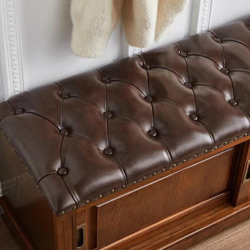 Banc à chaussures rectangulaire en bois massif chinois traditionnel, cuir de vache de deuxième couche, 2 espaces de rangement pour salon 