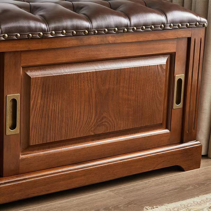 Banc à chaussures rectangulaire en bois massif chinois traditionnel, cuir de vache de deuxième couche, 2 espaces de rangement pour salon 