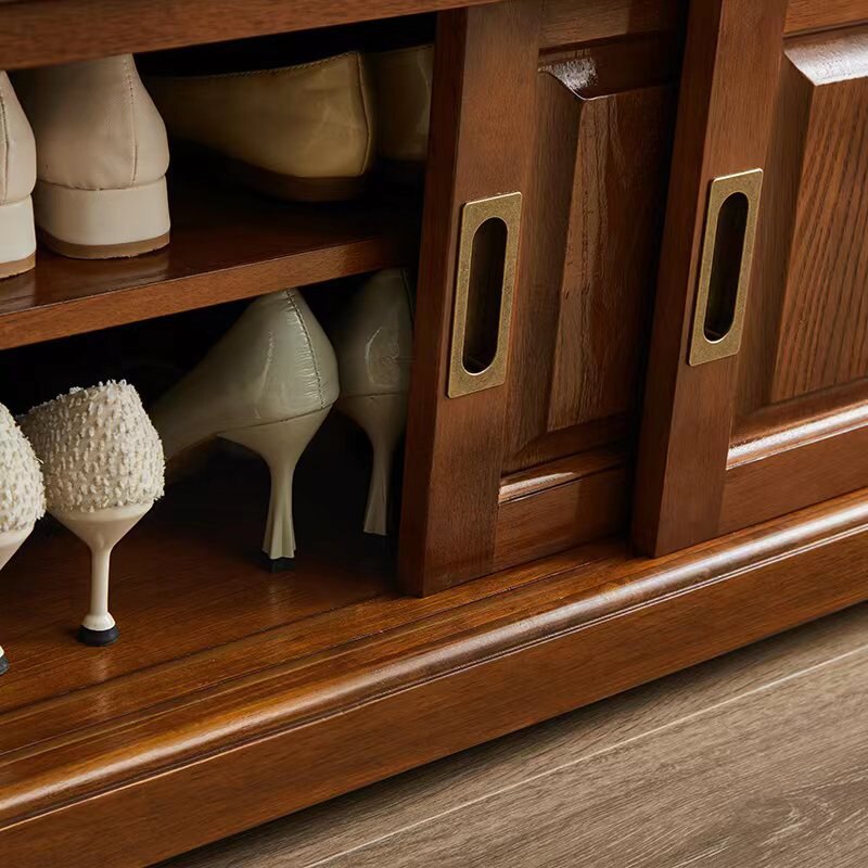 Banc à chaussures rectangulaire en bois massif chinois traditionnel, cuir de vache de deuxième couche, 2 espaces de rangement pour salon 