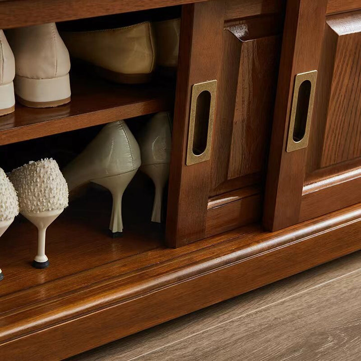 Banc à chaussures rectangulaire en bois massif chinois traditionnel, cuir de vache de deuxième couche, 2 espaces de rangement pour salon 