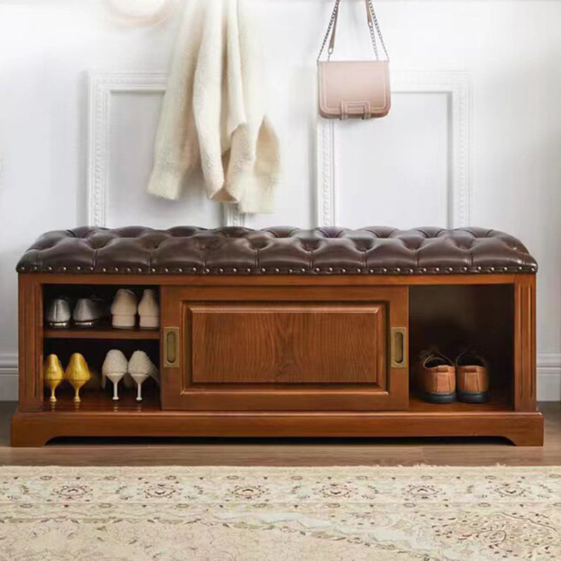 Banc à chaussures rectangulaire en bois massif chinois traditionnel, cuir de vache de deuxième couche, 2 espaces de rangement pour salon 
