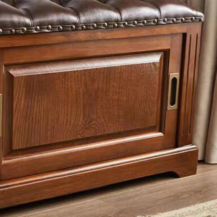 Banc à chaussures rectangulaire en bois massif chinois traditionnel, cuir de vache de deuxième couche, 2 espaces de rangement pour salon 