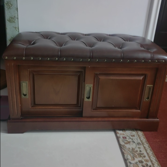 Banc à chaussures rectangulaire en bois massif chinois traditionnel, cuir de vache de deuxième couche, 2 espaces de rangement pour salon 